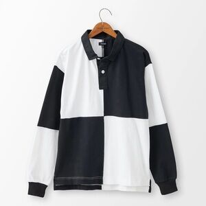 J. Peterman mens L Large black white checkered rigger long sleeve rugby shirt